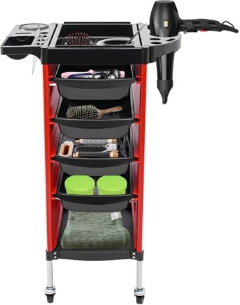 Friseurwagen, 6 Tier Friseur Arbeitswagen, Stapel Salon Trolley, Rollwagen mit Einziehbare Ablagen | 4 Schubladen | Leise Rollen für Friseurladen Schönheitssalon Nagelstudio (34 * 37 * 88cm, Rot)