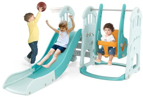 COSTWAY 4 in 1 Scivolo e Altalena per Bambini, Parco Giochi con Scivolo Altalena Canestro da Basket e Arrampicata, Set di Gioco con Pallone da Basket e Pompa, 18 Mesi +, 185x150x102 cm (Blu oceano)