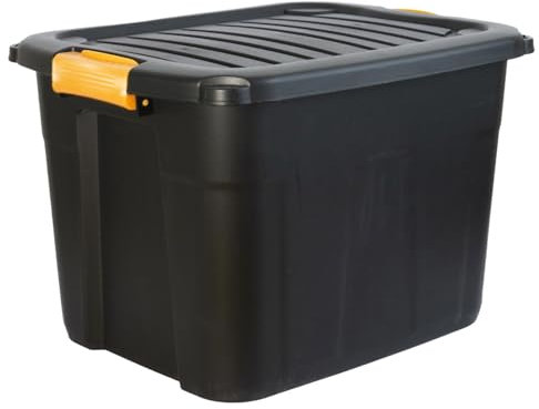 DANIEL JAMES Housewares Heavy Duty Storage Box with Lid - Large Plastic Stackable Storage Boxes with Clip Handles - Lockable BPA Free Indoor Outdoor Garage Storage Trunk Box - Black, 20l