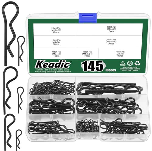 Keadic 145 Pcs Heavy Duty Hitch Pins Clip Kit , R Clip Stainless Steel Cotter Pins in 7 Size,Hair Cotter Pin Iron Black Zinc,Spring Fasteners Hitch Pin for Dolly Pins/Trailer Pin Clips Replacement