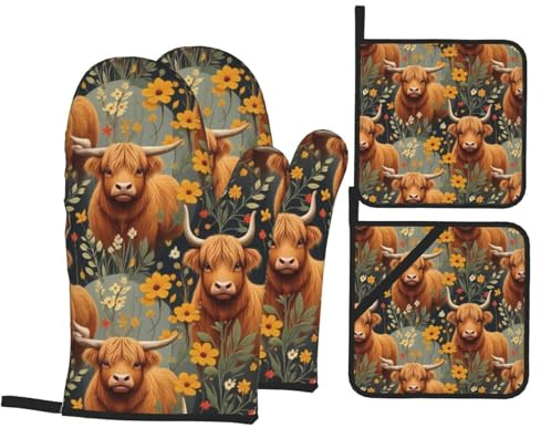 4 Pcs Vintage Highland Cows Oven Mitts and Potholders,Kitchen Oven Glove with Pot Holders,Non-Slip Gloves High Heat Resistant 500 Degree for BBQ, Grill, Baking, Cooking, Oven, Microwave