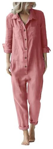 Tuta da lavoro da donna estiva, tuta da donna a maniche lunghe un pezzo largo senza vita con risvolto abbottonato, tuta casual sciolta, tinta unita, comoda e leggera, taglia grande