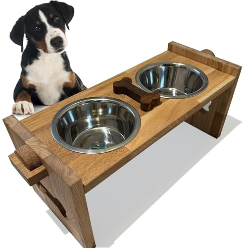 Erhöhter Hundenapf erhöht Grosse Hunde kleine Hunde Edelstahl Holz Eiche doppelt 2er Set (XL)