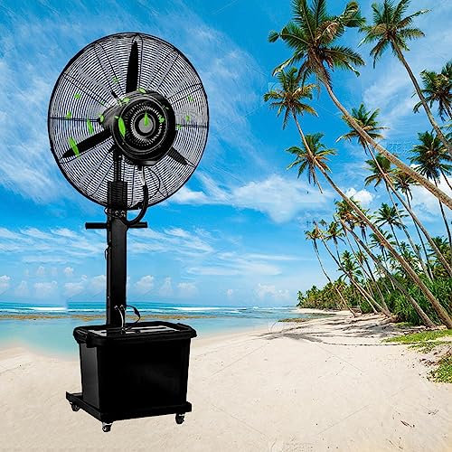 Ventilador nebulizador de pie para exteriores e interiores, industrial, de 26 pulgadas, con pedestal, 3 velocidades, oscilación de 90°, tanque de agua de 11 galones, ideal para patios, garaj