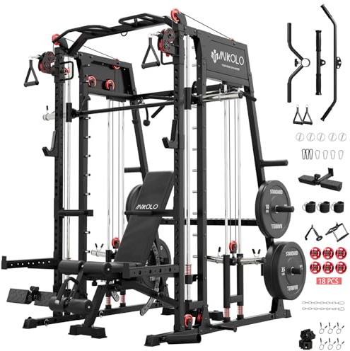 Mikolo Smith Machine, 2200lbs Squat Rack with LAT-Pull Down System & Cable Crossover Machine, Power Rack and Packages (BPRO230HPHGP)