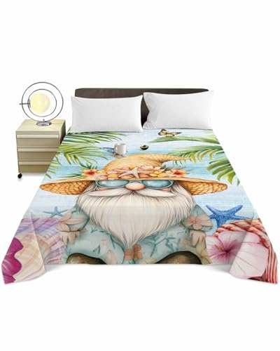 Queen Size Top Sheet Only, Summer Coastal Dwarf Palm Tree Flat Sheet Microfiber Breathable Soft Bed Sheet, Blue Ocean Starfish Hotel Bedding Flat Sheets for Bedroom