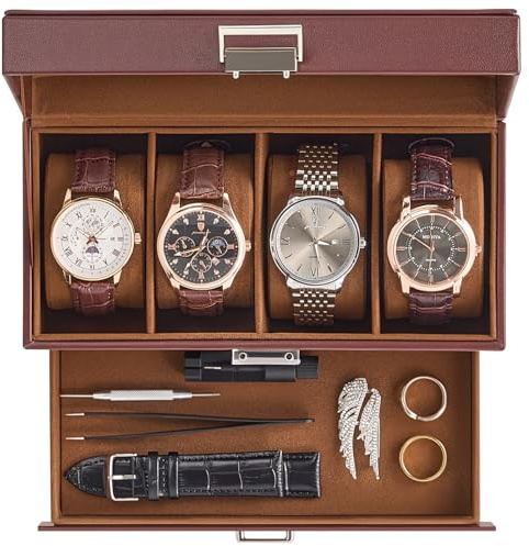 ProCase Caja para 4 Relojes, Estuche de Reloj de Doble Nivel con Tapa de Cristal, Organizador para Relojes, Anillos y Pulseras, Regalo Ideal para Navidad, Cuero Sintético -Marrón