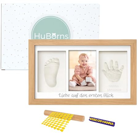 HuBorns – Kit impronte neonato con argilla, cornice per calco mani e piedi, idea regalo nascita o battesimo, ricordo originale per bimbo e bimba (Legno con lettere)