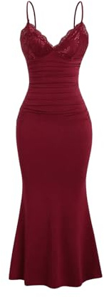 GORGLITTER Women's Lace Ruched Spaghetti Straps Bodycon Maxi Dresses Cocktail Party Pencil Long Dress Evening Gowns Wedding Guest Dresses Burgundy XL
