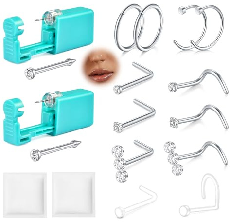 AVYRING Professional Nose Piercing Kit, 2 Pack Painless Disposable Self Piercing Gun with 20G L-Shape Nose Studs & Rings for Women Men, Silver