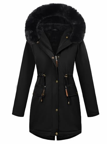 Tuopuda Manteau Femme Hiver Chaud Doudoune Long Parka Manteau Doublé de Polaire Capuchon d'hiver Blouson avec Fermeture éclair Veste Manteaux Epaissé(Noir,XL)