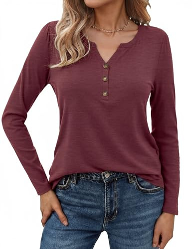 Litherday Camicia da Donna a Maniche Lunghe Maglia Donna con Scollo V Bottoni Cotone Basic Top Tunica Blusa Henley T-Shirt Casual