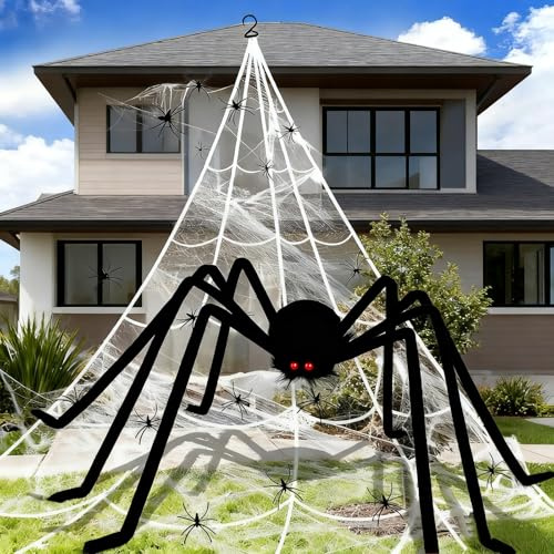 Spider Web Set Halloween Decoration Outdoor with 59 Giant Black Scary Spider, 275 Triangular Spider Web,60g Stretch Spider Webs,60 Plastic Spiders, Scary Haunted House Decor for Garden Porch House