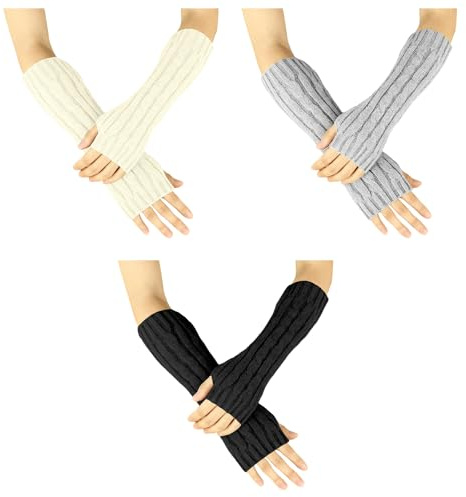 ZHAOCAI 3 Paar Armstulpen Damen mit Daumenloch, Strick Handstulpen Pulswärmer Arm Warmers, Lange Fingerlose Handschuhe für Winter