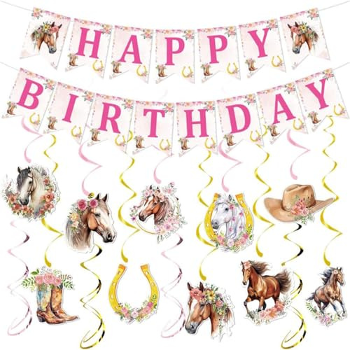 JDCMEI Pferde Geburtstagsdeko Party, Pferde Deko Geburtstag Mädchen, Rosa Pferde Kindergeburtstag Deko, Kindergeburtstag Rosa Geburtstagsdeko, Mädchen Pferd Happy Birthday Banner Deko