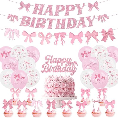 Mavouri Schleifen Luftballons Geburtstag Rosa Set mit Happy Birthday Girlande, Schleife Helium Ballons, Geburtstagsdeko Schleifen Luftballon Rosa für Kindergeburtstag Deko Mädchen, Frau Dekoration