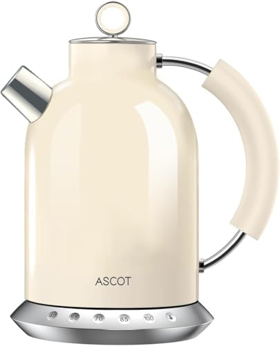 ASCOT Electric Kettle with 5 Variable Presets, Electric Tea Kettle & Coffee Kettle, 100% Stainless Steel Inner Lid ＆ Bottom, 30mins Keep Warm, 2200 Watt Quick Heating, 1.5L (Beige)