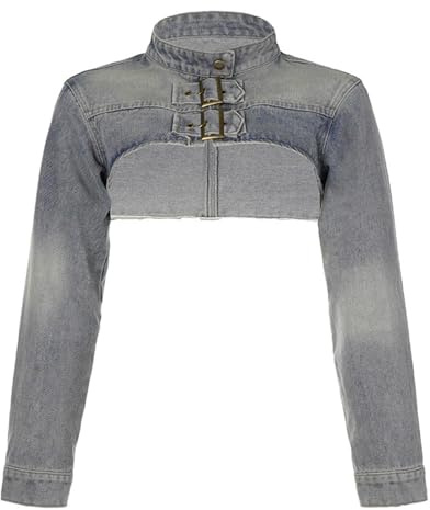 Generisch Chaqueta vaquera corta para mujer, estilo desgastado, bolero, encogimiento de hombros, cuello alto, manga larga, metálica, chaqueta de ocio, abrigo vaquero, informal, moderno, chaqueta de
