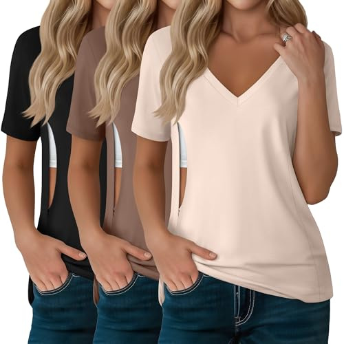 Xuniea Lot de 3 Hauts D’Allaitement pour Femmes, T-Shirts D’Allaitement à Fermeture Éclair Cachée pour Allaiter et Tirer Le Lait, Col V Manches Courtes