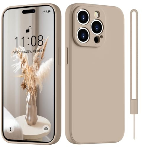 HGH for iPhone 15 Pro Max Case Silicone With Lanyard, Khaki | [Camera All-Round Protection] [Soft Microfiber Lining Anti-Scratch] Full Covered Shockproof