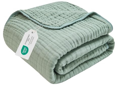 VANJOROY Musselin Tagesdecke 200x230cm-100% Baumwolle 6-Lagen Oeko-Tex Zertifizierte, Weiche Leichte Sommerdecke als Kuscheldecke, Bett-Überwurf, Baumwolldecke für Sofa und Bett. Grün