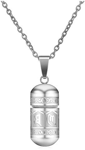 JSDDE Schmuck Edelstahl Buddhistisches Mantra Anhänger mit 24 Zoll Kette Om Mani Padme Hum Gebetsmühle Flasche Kapsel Anhänger Urn Anhänger für Frauen Männer