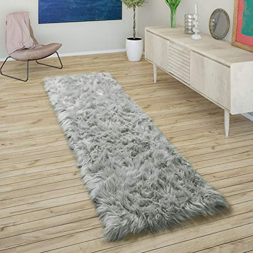 Paco Home Tapis Fausse Fourrure Coussin Coeur Rond Différentes Formes, Gris, Dimension:50x150 cm
