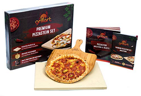 grillart® Premium Pizzastein für Gasgrill, Holzkohlegrill und Backofen im Set – Hochwertiger Pizzastein rechteckig inklusive Pizzaschieber und Rezeptbuch – auch optimal als Brotbackstein geeignet