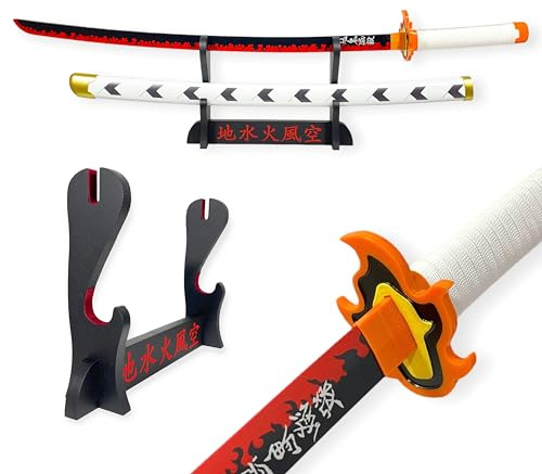 FÉENOMENN Katana Demon Slayer Kyojuro Rengoku - Epée Lame Bois - Support Japonais Inclus
