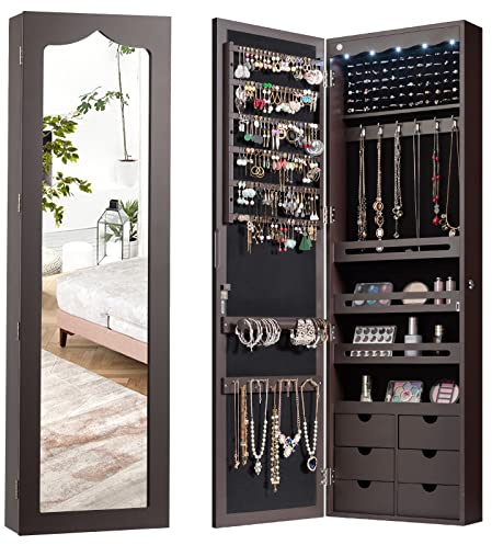 GOPLUS Armoire à Bijoux Mural avec Miroir et Lumière LED, Armoire de Rangement Mural, Accrochée à la Porte avec Serrure, Miror Porte-Bijoux 120 x 36,5 x 11,5CM (Tiroir Nomal, Marron)