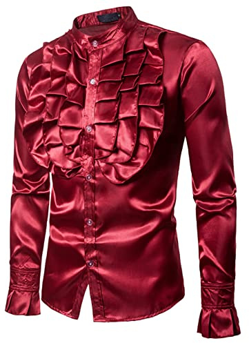 Chemise à manches longues pour homme - Coupe ajustée - Boutonnée - À volants