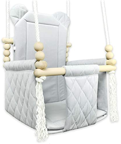 Balançoire pour bébé - Balançoire en bois - Armature en bois et coton - Gris - Jouet pour enfant - Maison de jardin - Siège bébé à partir de 9 mois