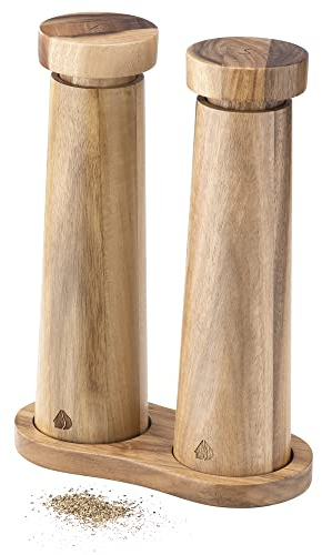 Navaris Salt and Pepper Mill Set with Tray - Adjustable Acacia Wood Salt and Pepper Grinders Shakers with Ceramic Grinding Core for Home, Restaurants