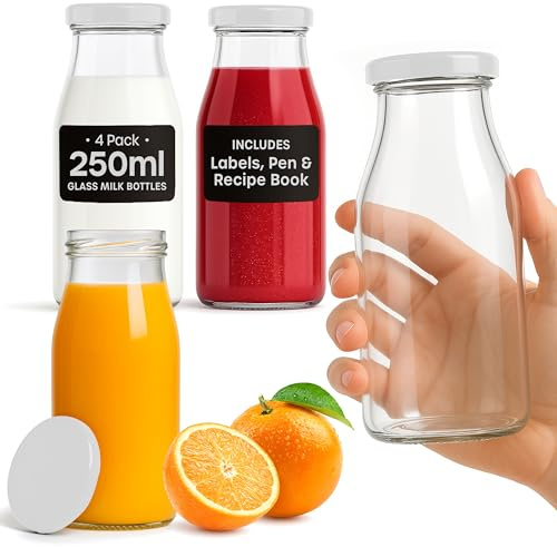 volila Glas-Milchflaschen mit Deckel - 4er Pack x 250ml Glasflaschen mit Deckeln, Etiketten und Stift - Wiederverwendbare Milchflasche für Säfte, Dekoration und Aufbewahrung (Weißer Deckel)