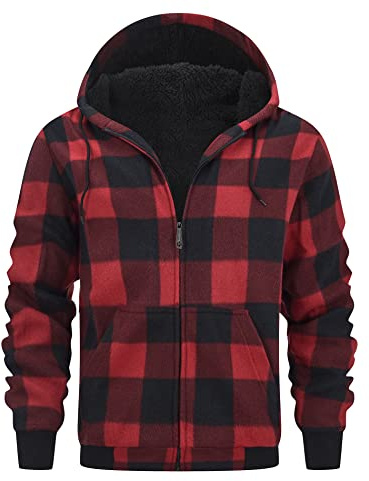 geeksport Sudadera Cuadros Hombre con Capucha Franela de Invierno Cálido Sudaderas Hombres Cremallera Forro Polar Hoodie 0569 Rojo XL