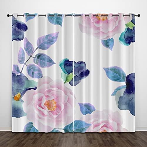 Gadulu 3D Digitaldruck Polyester Faservorhänge, Wohnzimmer Küche Schlafzimmer Kinderzimmer Verdunkelungsvorhänge, Perforierte Vorhänge 2-Teiliges Set - Rosa Pflanzenblume 140(B) X160(H) cm