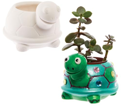 Baker Ross FX594 Tortoise Ceramic Flowerpots - Box of 2, Paint Your Own Plant Pot