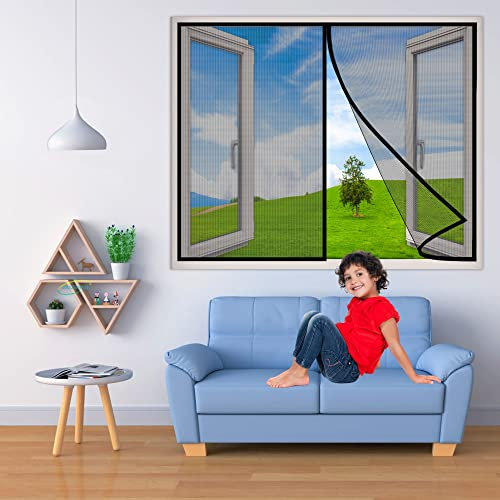 Insektenschutz Fenster Vorhang Premium Fliegengitter, 190x190 cm mit eingenähten Gewichten und selbstklebenden Klemmleiste Fliegenvorhang für BalkonFenster SchiebeFenster- Schwarz H