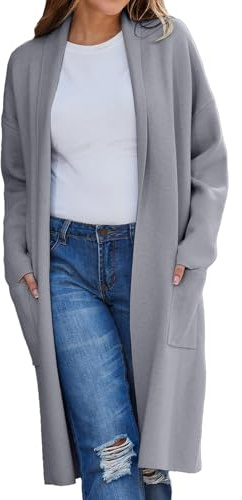 L9WEI Chaqueta para mujer, otoño e invierno, cárdigan largo para mujer, monocolor, frente abierto, de punto, manga larga, abrigo con bolsillos, cálido, gris, M