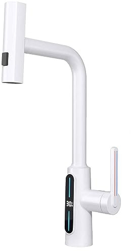 Lejdi LED Temperature Display Kitchen Sink Faucet, Kitchen Faucet with Pull Down Sprayer, Waterfall Rainfall Single Handle, White