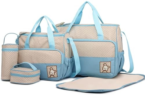 5er-Set Baby Wickeltasche Rucksack mit Multifunktions Babytasche Mama Wickelrucksäcke Baby Wickelumhängetaschen Handtasche Flaschenhalter mit Wickelunterlage für Reise (Blau)