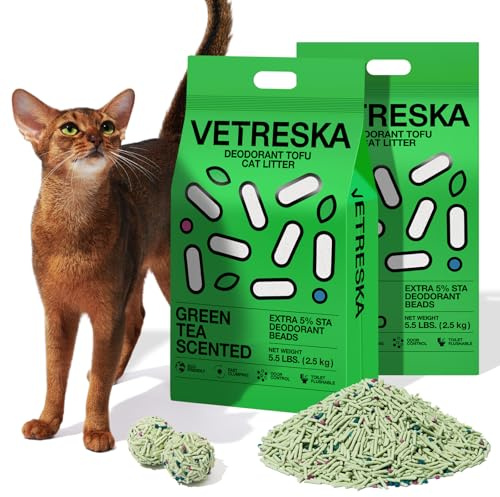 VETRESKA Tofu Cat Litter,Natural Kitty Litter Strong Clumping Flushable Cat Litter Pellets Ultra Absorbent,Odor Control,Dust-Free,Low Tracking Eco-Friendly Tofu Litter,Greentea(5.5lb×2bags)