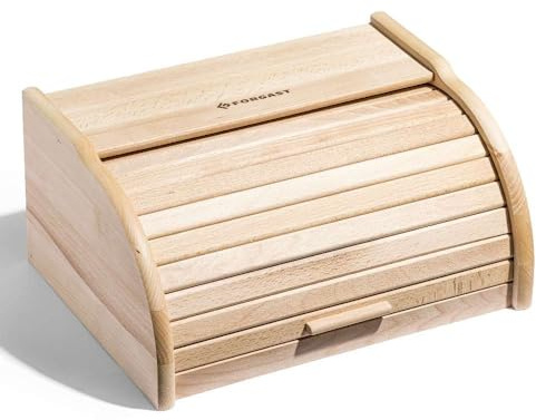 Forgast Boîte à pain, bois de hêtre naturel de haute qualité, avec couvercle en bois, avec rabat frontal, couleur naturelle, rangement du pain, écologique, Ne passe pas au lave-vaisselle