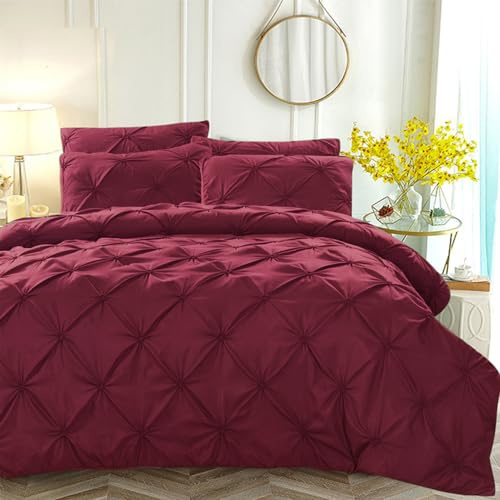 Luofanfei Pinch Plissee Bettwäsche Rot 200x200 Pintuck Plisseefalten Wendebettwäsche Weinrot Uni Quetschfalten Geometrisches Aesthetic Gedruckt Bettbezug Doppelbett 200 x 200 und 2 Kissenbezüge 80x80