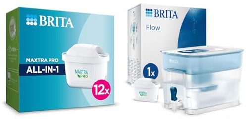 BRITA MAXTRA PRO All-in-1 Water Filter Cartridge 12 Pack (NEW) & Flow XXL Water Filter Tank (8.2L) incl. 1x MAXTRA PRO All-in-1 Cartridge