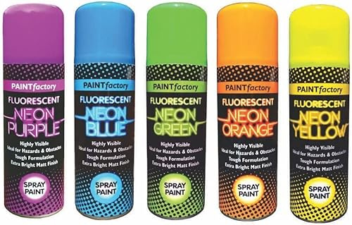 AlezyB - 5 Mix Cans Fluorescent Neon Spray Paint Multipurpose Aerosol DIY Graffiti (Banksey) N0 CFCs Extra Bright Assorted Colours Paint Blue Green Orange Pink Yellow Red Purple 200ml - A5