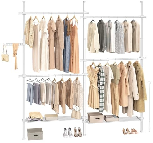 SONGMICS Teleskopstange Kleiderständer, 3-stufige Garderobe, höhen- und breitenverstellbar, offener Kleiderschrank mit 4 Kleiderstangen und 2 abnehmbaren Ablagen, Greifarm, mattweiß HSR154W01