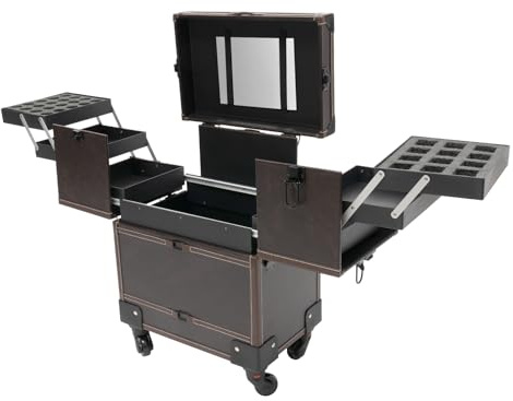 PUDLOR Kosmetikkoffer, mit 2 Schubladen Trolley Schminkkoffer Rollkoffer Multikoffer mit Spiegel Kosmetikaufbewahrung Beauty-Trolley Profi-Trolley, für Make-up Friseur und Maniküre Kaffee（braun）