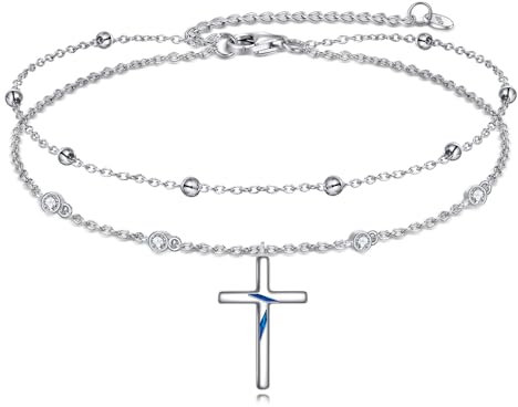 YAFEINI Kreuz Knöchel Armbänder Sterling Silber Religius Doppelkette Fußkettchen Christliche Taufe Layered Fußkettchen Schmuck Geschenke für Damen