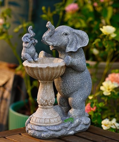 Goodeco Elefant Gartenfiguren für draußen Vogeltränke - wasserdichte Harzskulptur mit Solarleuchten Garten dekor für draußen Balkon Terrassen Geschenke für Frauen Mama Grau